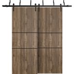 Barn Bypass Doors with 6.6ft Hardware | Planum 0014 Walnut and Aluminum Strips | Sturdy Heavy Duty Rails Kit Steel Set | Double Sliding Door