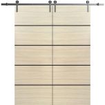 Sliding Double Barn Doors with Hardware | Planum 0015 Natural Veneer and Aluminum Strips | Silver 13FT Rail Hangers Sturdy Set | Modern Solid Panel Interior Hall Bedroom Bathroom Door