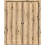 Modern Double Pocket Doors | Planum 0010 Oak | Kit Trims Rail Hardware | Solid Wood Interior Bedroom Sliding Closet Sturdy Door