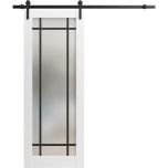 Sturdy Barn Door Frosted Tempered Glass | Planum 2112 White Silk with Frosted Glass and Aluminum Strips | 6.6FT Black Rail Hangers Heavy Hardware Set | Modern Solid Panel Interior Doors