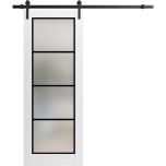 Sturdy Barn Door Frosted Tempered Glass | Planum 2132 White Silk with Frosted Glass and Aluminum Strips | 6.6FT Black Rail Hangers Heavy Hardware Set | Modern Solid Panel Interior Doors