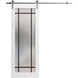 Sturdy Barn Door | Planum 2112 White Silk with Frosted Glass and Aluminum Strips | 6.6FT Silver Rail Hangers Heavy Hardware Set | Modern Solid Panel Interior Doors