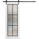 Sturdy Barn Door Frosted Tempered Glass | Planum 2122 White Silk with Frosted Glass and Aluminum Strips | 6.6FT Black Rail Hangers Heavy Hardware Set | Modern Solid Panel Interior Doors