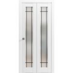 Sliding Closet Bi-fold Doors | Planum 2112 White Silk with Frosted Glass and Aluminum Strips | Sturdy Tracks Moldings Trims Hardware Set | Wood Solid Bedroom Wardrobe Doors