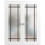 Solid French Double Doors | Planum 2112 White Silk with Frosted Glass and Aluminum Strips | Wood Solid Panel Frame Trims | Closet Bedroom Sturdy Doors