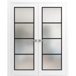 Solid French Double Doors | Planum 2132 White Silk with Frosted Glass and Aluminum Strips | Wood Solid Panel Frame Trims | Closet Bedroom Sturdy Doors