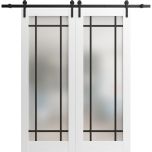 Sturdy Double Barn Door | Planum 2112 White Silk with Frosted Glass and Aluminum Strips | 13FT Black Rail Hangers Heavy Set | Solid Panel Interior Doors