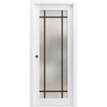 Sliding Pocket Door with Frosted Tempered Glass | Planum 2112 White Silk with Frosted Glass and Aluminum Strips | Kit Trims Rail Hardware | Solid Wood Interior Bedroom Bathroom Closet Sturdy Doors