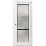 Sliding Pocket Door with Frosted Tempered Glass | Planum 2122 White Silk with Frosted Glass and Aluminum Strips | Kit Trims Rail Hardware | Solid Wood Interior Bedroom Bathroom Closet Sturdy Doors