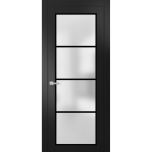 Solid French Door | Planum 2132 Matte Black with Frosted Glass and Aluminum Strips | Wood Solid Panel Frame Trims | Closet Bedroom Sturdy Doors