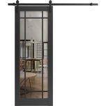 Sturdy Barn Door | Lucia 2266 Matte Black with Clear Glass and Aluminum Strips | 6.6FT Black Rail Hangers Heavy Hardware Set | Modern Solid Panel Interior Doors