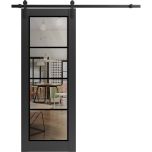 Sturdy Barn Door | Lucia 2466 Matte Black with Clear Glass and Aluminum Strips | 6.6FT Black Rail Hangers Heavy Hardware Set | Modern Solid Panel Interior Doors