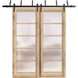 Sliding Closet Barn Bypass Doors | Quadro 4002 Oak with Frosted Glass | Sturdy 6.6ft Rails Hardware Set | Wood Solid Bedroom Wardrobe Doors 