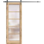 Sturdy Barn Door | Quadro 4002 Oak with Frosted Glass | 6.6FT Rail Hangers Heavy Hardware Set | Solid Panel Interior Doors