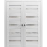 Solid French Double Doors | Quadro 4445 White Silk with Frosted Glass | Wood Solid Panel Frame Trims | Closet Bedroom Sturdy Doors 