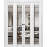 Sliding Closet Double Bi-fold Doors | Lucia 2266 White Silk with Clear Glass and Aluminum Strips | Sturdy Tracks Moldings Trims Hardware Set | Wood Solid Bedroom Wardrobe Doors