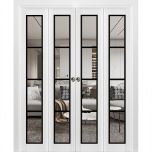 Sliding Closet Double Bi-fold Doors | Lucia 2466 White Silk with Clear Glass and Aluminum Strips | Sturdy Tracks Moldings Trims Hardware Set | Wood Solid Bedroom Wardrobe Doors