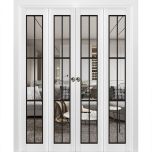 Sliding Closet Double Bi-fold Doors | Lucia 2366 White Silk with Clear Glass and Aluminum Strips | Sturdy Tracks Moldings Trims Hardware Set | Wood Solid Bedroom Wardrobe Doors