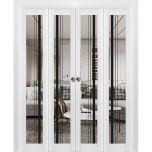 Sliding Closet Double Bi-fold Doors | Lucia 2566 White Silk with Clear Glass and Aluminum Strips | Sturdy Tracks Moldings Trims Hardware Set | Wood Solid Bedroom Wardrobe Doors