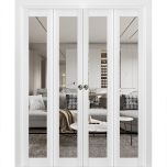 Sliding Closet Double Bi-fold Doors | Lucia 2666 White Silk with Clear Glass and Aluminum Strips | Sturdy Tracks Moldings Trims Hardware Set | Wood Solid Bedroom Wardrobe Doors