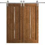 Modern Double Barn Door 36 x 80 inches | Ego 5014 Cognac Oak | 13FT Silver Rail Track Set | Solid Panel Interior Doors