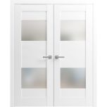 Solid French Double Doors Opaque Glass 2 Lites / Sete 6222 White Silk / Wood Solid Panel Frame / Closet Bedroom Modern Doors -36" x 80"