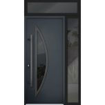 Front Exterior Prehung Steel Door / Deux 6501 Anthracite / Sidelight and Transom Window / Stainless Inserts Single Modern Painted-W36+12" x H80+16"-Right-hand Inswing