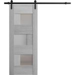 Sturdy Barn Door Frosted Glass | Sete 6933 Light Grey Oak | 6.6FT Rail Hangers Heavy Hardware Set | Solid Panel Interior Doors-18" x 80"