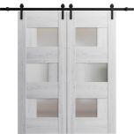 Sturdy Double Barn Door with Frosted Glass | Sete 6933 Nordic White | 13FT Rail Hangers Heavy Set | Solid Panel Interior Doors-36" x 80" (2* 18x80)