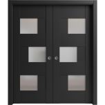 Sliding French Double Pocket Doors | Sete 6933 Matte Black with Frosted Glass | Kit Trims Rail Hardware | Solid Wood Interior Bedroom Sturdy Doors