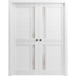 Sliding French Double Pocket Doors | Veregio 7288 White Silk with Frosted Glass | Kit Trims Rail Hardware | Solid Wood Interior Bedroom Sturdy Doors