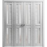 Sliding Closet Double Bi-fold Doors | Veregio 7288 Light Grey Oak with Frosted Glass | Sturdy Tracks Moldings Trims Hardware Set | Wood Solid Bedroom Wardrobe Doors 