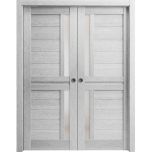 Sliding French Double Pocket Doors | Veregio 7288 Light Grey Oak with Frosted Glass | Kit Trims Rail Hardware | Solid Wood Interior Bedroom Sturdy Doors