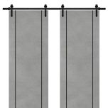 Sliding Double Barn Doors with Hardware | Planum 0017 Concrete and Aluminum Strips | 13FT Rail Hangers Sturdy Set | Modern Solid Panel Interior Hall Bedroom Bathroom Door-36" x 80" (2* 18x80)