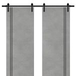 Sliding Double Barn Doors with Hardware | Planum 0016 Concrete and Aluminum Strips | 13FT Rail Hangers Sturdy Set | Modern Solid Panel Interior Hall Bedroom Bathroom Door