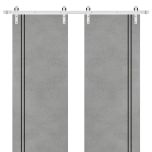 Sliding Double Barn Doors with Hardware | Planum 0016 Concrete and Aluminum Strips | Silver 13FT Rail Hangers Sturdy Set | Modern Solid Panel Interior Hall Bedroom Bathroom Door