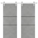 Sliding Double Barn Doors with Hardware | Planum 0014 Concrete and Aluminum Strips | Silver 13FT Rail Hangers Sturdy Set | Modern Solid Panel Interior Hall Bedroom Bathroom Door