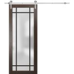 Sturdy Barn Door | Planum 2112 Chocolate Ash with Frosted Glass and Aluminum Strips | 6.6FT Silver Rail Hangers Heavy Hardware Set | Modern Solid Panel Interior Doors