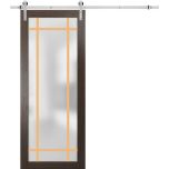 Sturdy Barn Door | Planum 2113 Chocolate Ash with Frosted Glass and Aluminum Strips | 6.6FT Silver Rail Hangers Heavy Hardware Set | Modern Solid Panel Interior Doors