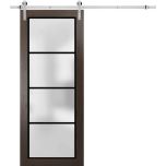 Sturdy Barn Door | Planum 2132 Chocolate Ash with Frosted Glass and Aluminum Strips | 6.6FT Silver Rail Hangers Heavy Hardware Set | Modern Solid Panel Interior Doors