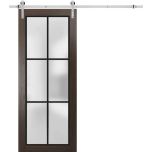 Sturdy Barn Door | Planum 2122 Chocolate Ash with Frosted Glass and Aluminum Strips | 6.6FT Silver Rail Hangers Heavy Hardware Set | Modern Solid Panel Interior Doors