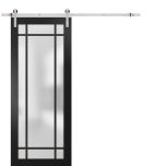 Sturdy Barn Door | Planum 2112 Matte Black with Frosted Glass and Aluminum Strips | 6.6FT Silver Rail Hangers Heavy Hardware Set | Modern Solid Panel Interior Doors