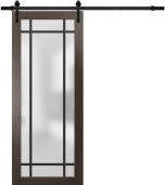 Sturdy Barn Door Frosted Tempered Glass | Planum 2112 Chocolate Ash with Frosted Glass and Aluminum Strips | 6.6FT Black Rail Hangers Heavy Hardware Set | Modern Solid Panel Interior Doors