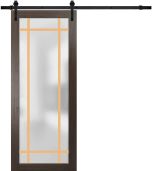 Sturdy Barn Door Frosted Tempered Glass | Planum 2113 Chocolate Ash with Frosted Glass and Aluminum Strips | 6.6FT Black Rail Hangers Heavy Hardware Set | Modern Solid Panel Interior Doors