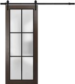 Sturdy Barn Door Frosted Tempered Glass | Planum 2122 Chocolate Ash with Frosted Glass and Aluminum Strips | 6.6FT Black Rail Hangers Heavy Hardware Set | Modern Solid Panel Interior Doors