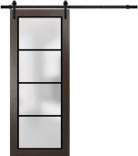 Sturdy Barn Door Frosted Tempered Glass | Planum 2132 Chocolate Ash with Frosted Glass and Aluminum Strips | 6.6FT Black Rail Hangers Heavy Hardware Set | Modern Solid Panel Interior Doors