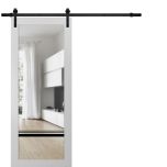 Sturdy Barn Door | Lucia 2666 White Silk with Clear Glass and Aluminum Strips | 6.6FT Black Rail Hangers Heavy Hardware Set | Modern Solid Panel Interior Doors