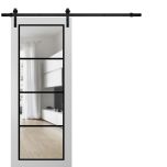 Sturdy Barn Door | Lucia 2466 White Silk with Clear Glass and Aluminum Strips | 6.6FT Black Rail Hangers Heavy Hardware Set | Modern Solid Panel Interior Doors