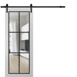 Sturdy Barn Door | Lucia 2366 White Silk with Clear Glass and Aluminum Strips | 6.6FT Black Rail Hangers Heavy Hardware Set | Modern Solid Panel Interior Doors