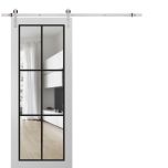 Sturdy Barn Door | Lucia 2366 White Silk with Clear Glass and Aluminum Strips | 6.6FT Silver Rail Hangers Heavy Hardware Set | Modern Solid Panel Interior Doors